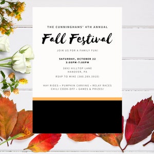 Invitation de rayure noire orange d'automne | Modèle téléchargeable d'art numérique minimaliste | Annonce d'événements de mariages à téléchargement instantané
