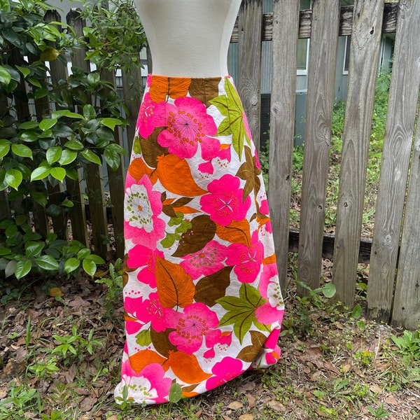 AWESOME FLOWER POWER 70s handmade maxi skirt with satin lining pink orange brown green