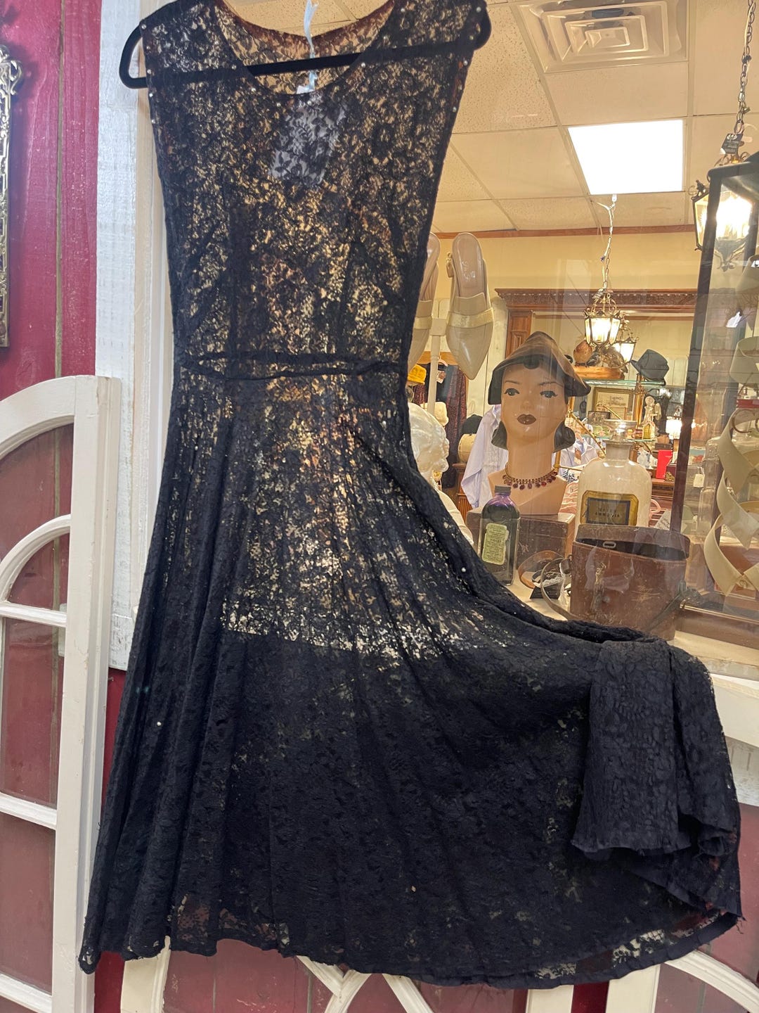 1940s Black Rhinestone Bias Cut Sheer Sleeve Dress Gown | XS/S