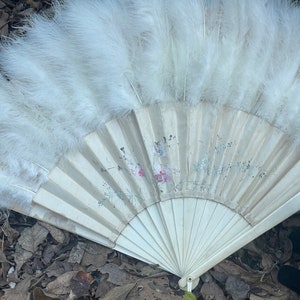 Embroidered Flower Feather Fan With Fringe Pendant, 1920s Vintage S
