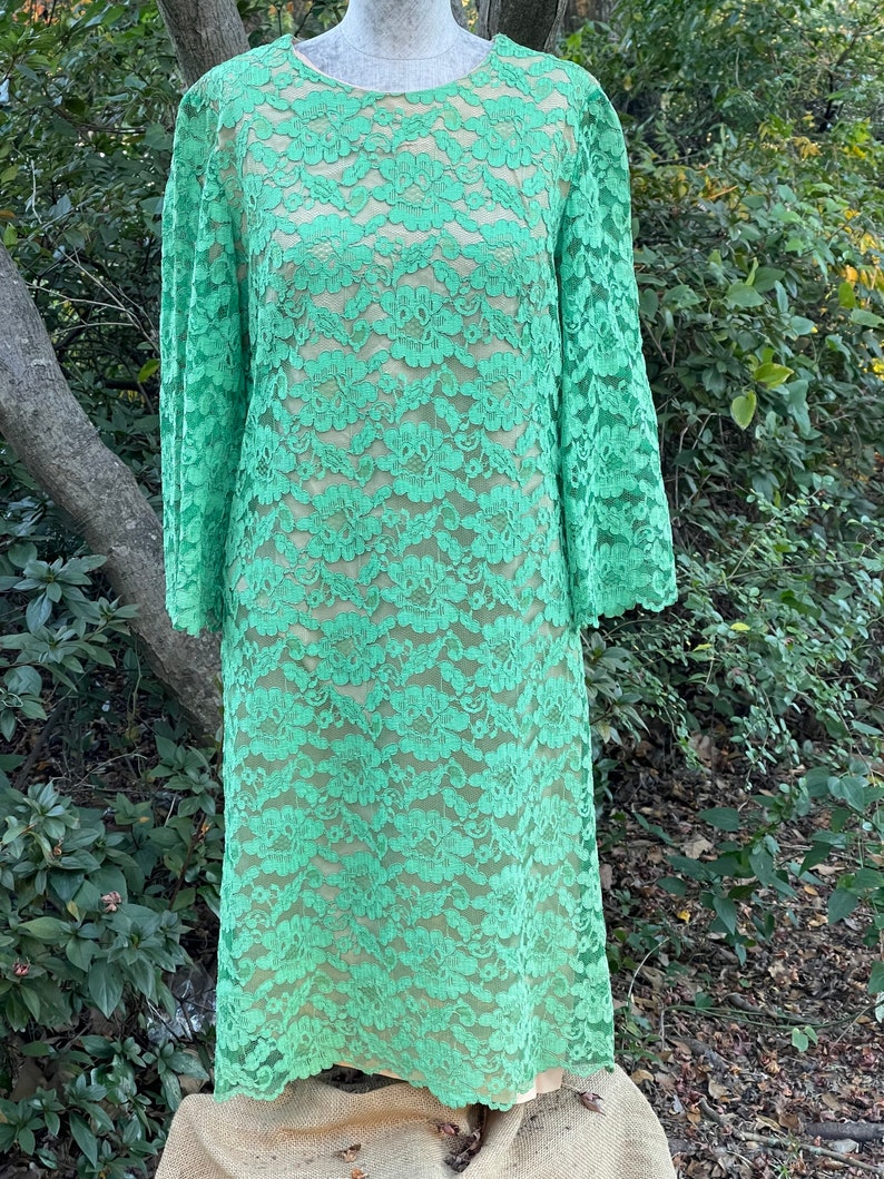 Vintage LAignon GREEN LACE DRESS early 1960s fully lined back zip image 2