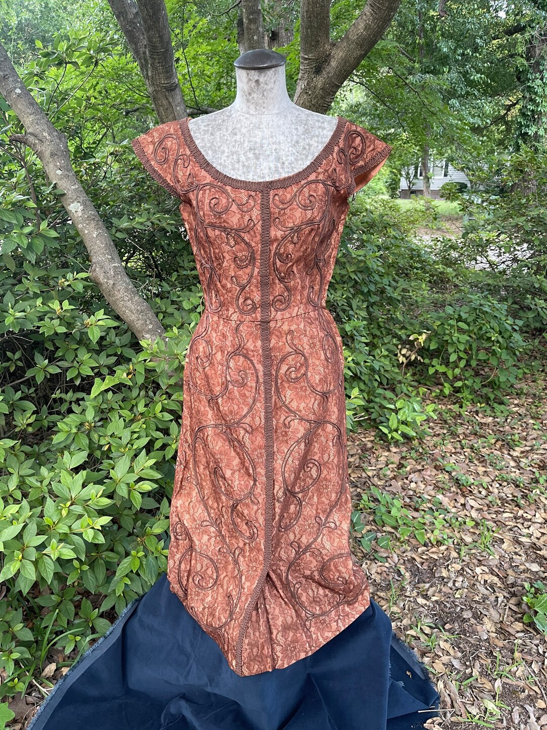 Vintage 1950s Copper Color Lace Overlay Evening Wiggle Dress Side Zip