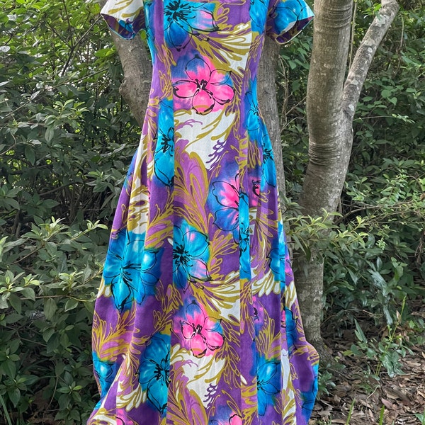 Vintage 1960s UI MAIKAI HAWAIIAN maxi dress mod flower power barkcloth cotton size 6