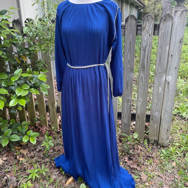 royal blue VINTAGE HAL FERMAN 70s goddes style light weight pleated rayon maxi dress