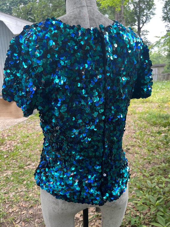 Vintage 80s LAWRENCE KAZAR SEQUINED bright teal s… - image 4