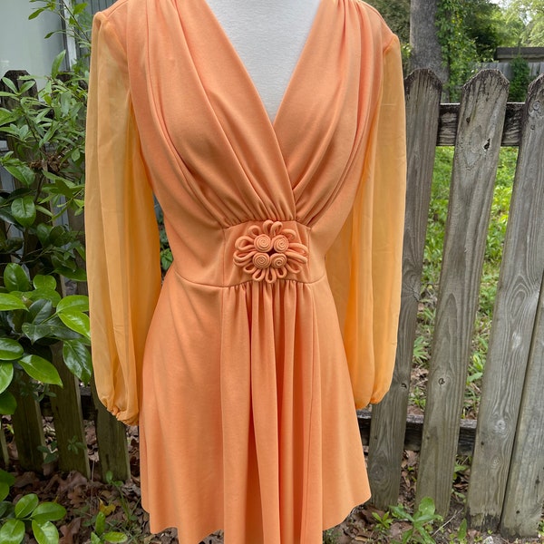 orange sherbert 70s handmade MINI DRESS polyester with sheer sleeves