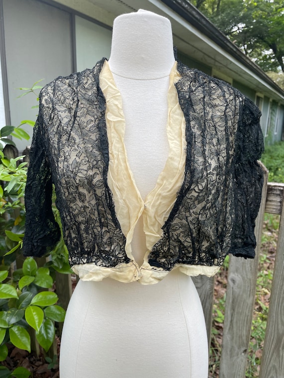 VICTORIAN BLACK LACE blouse with cream crepe linin