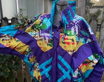 Vintage 80s 90s EAST WEST SNOWBOARD coat jacket colorful abstract art look