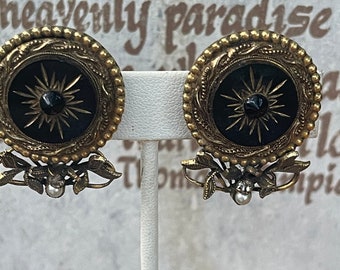 Stunning vintage BLACK and GOLD clip on earrings by ROBERT