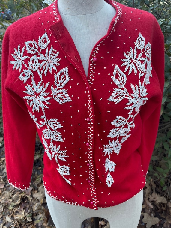 Gorgeous Mid Century Vintage WHITE BEADED RED Cardigan Sweater - Etsy