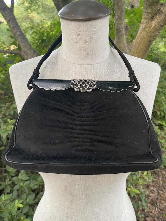 Vintage FRENCH BLACK EVENING bag purse in soft sue