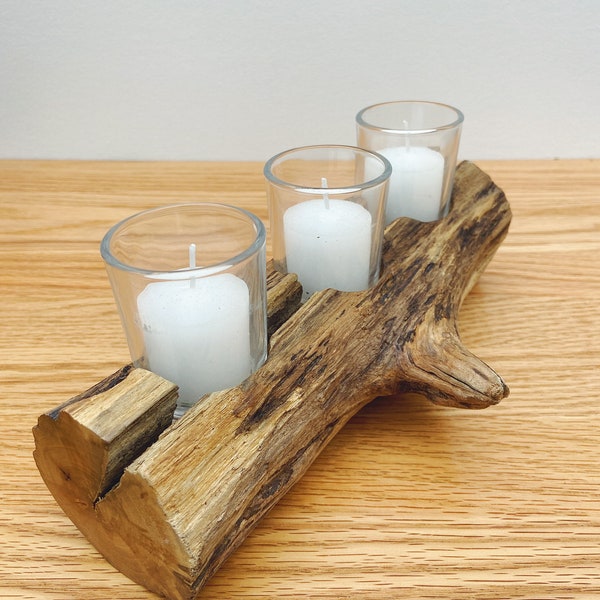 Driftwood Log Candle Holder, Triple Votive Table Centerpiece, Rustic Wooden Home Decor