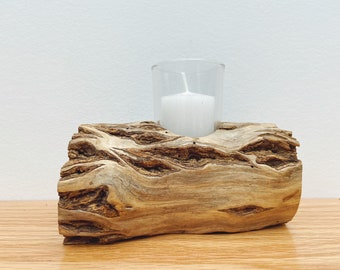 Driftwood Log Candle Holder, Single Votive Table Centerpiece, Rustic Wooden Home Decor