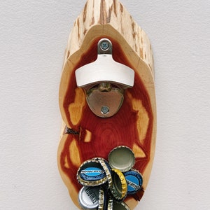 Bottle Opener Live Edge Red Cedar Wall Mount w/ Magnetic Cap Catcher Zinc plated finish