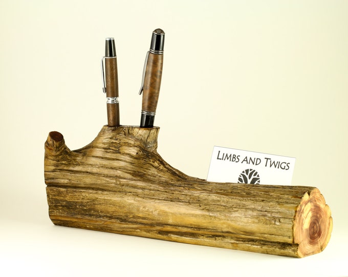Wooden Business Card & Pen Holder, Log Business Card Pen Holder, Red