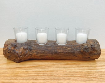 Driftwood Log Candle Holder, Four Votive Table Centerpiece, Rustic Wooden Home Decor