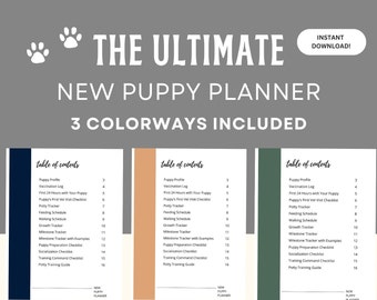 May include: Three table of contents pages for a new puppy planner. The pages are in blue, orange, and green colorways. The pages list the contents of the planner, including puppy profile, vaccination log, first 24 hours with your puppy, puppy's first vet visit checklist, potty tracker, feeding schedule, walking schedule, growth tracker, milestone tracker, milestone tracker with examples, puppy preparation checklist, socialization checklist, training command checklist, and potty training guide.