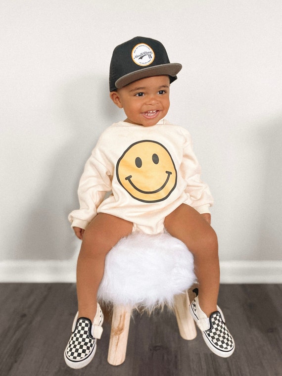 Smiley Face Bubble Romper, Happy Face Toddler Outfit, Cute Kids Clothes,  Sweater Onesie, Retro Groovy Kids Clothing, Smile Sweatshirt Romper -   Israel