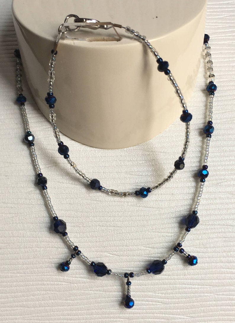 Crystal /& Glass Beads Dark Cobalt Blue and Black AB Crystals Stunning Floating Blue Crystal Necklace and Bracelet Set