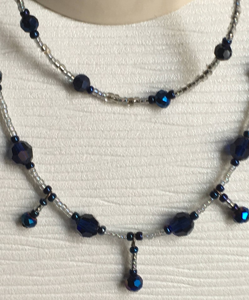 Crystal /& Glass Beads Dark Cobalt Blue and Black AB Crystals Stunning Floating Blue Crystal Necklace and Bracelet Set