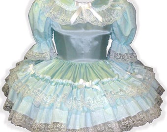 /"Audrey/" CUSTOM FIT Green Ruffles PINK Ribbon Bows Adult Baby Sissy Dress LEANNE