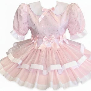 Tyra Custom Fit Pink White Broadcloth Star Organza Overlay Adult Sissy Dress by Leanne's