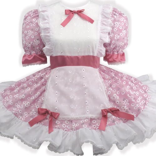 Abito da sissy per adulti Leanne con fiori traforati e fiocchi, pronto da indossare.