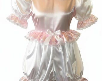Mono de encaje Esther para bebé niña adulta de satén rosa y blanco de Leanne's