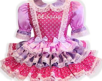 Della Custom Fit Pink Lavender Polka Dots Satin Adult Sissy Dress by Leanne's