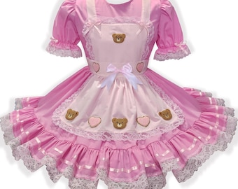Hannah Custom Fit Pink Teddy Bears Hearts Adult Sissy LG Dress by Leanne's