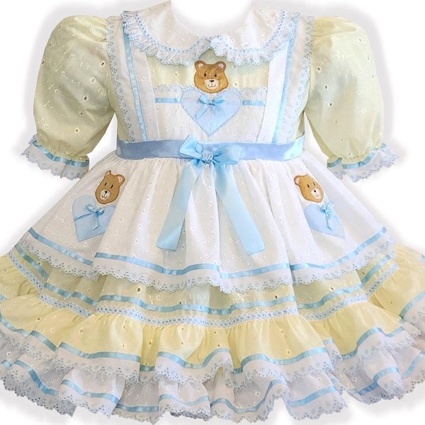 Goldilocks Yellow White Eyelet Teddy Bear Adult Baby Sissy Dress by Leanne's