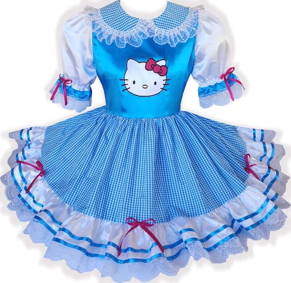 satin hello kitty dress Custom Fit Aqua Hello Kitty Aqua Satin Gingham Adult Little Girl Sissy  Dress by Leanne's