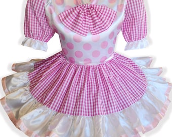 Holly Custom Fit Hot Pink White Gingham Polka Dot Satin Adult Sissy Dress by Leanne's