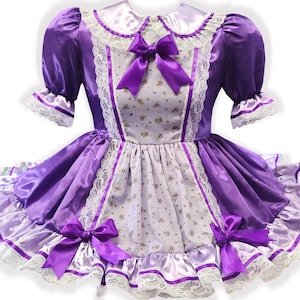 Tina Custom Fit Purple Satin Flowers Bows Adult Sissy Dress by Leanne&#39;s