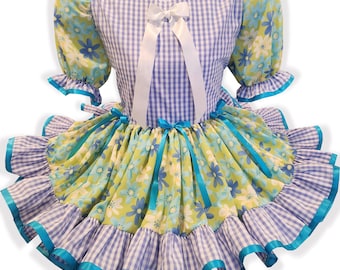 50.5" Ready to Wear Blue Gingham Lime Green Flowers Adult Sissy Dress by Leanne's