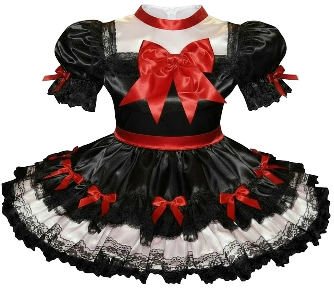 Superdresses Crystal Custom Fit Black Satin Lace Red Bows Adult Sissy Dress by ...