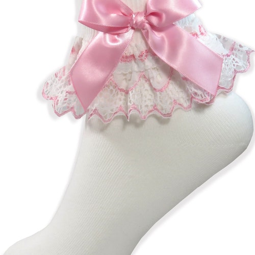 Handmade Pink beads bow girls frilly socks various sizes 