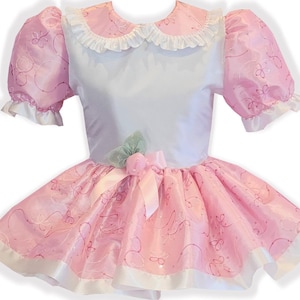 Hallie Custom Fit White Pink Embroidered Taffeta Adult Sissy Dress by Leanne's