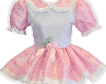 Hallie Custom Fit White Pink Embroidered Taffeta Adult Sissy Dress by Leanne's