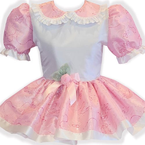 Hallie Maßgeschneidertes, weiß-rosa besticktes Taft-Kleid für Erwachsene von Leanne's