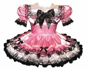 Ashlee Custom Fit Pink Satin Black Lace & Bows Adult Sissy Dress by Leanne's