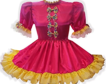 Ready to Wear Hot Pink Yellow Bows Satin Adult Sissy Dress by Leanne's