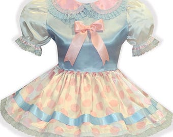 Janey Custom Fit Pink Blue Satin Polka Dots Adult Sissy Dress by Leanne's