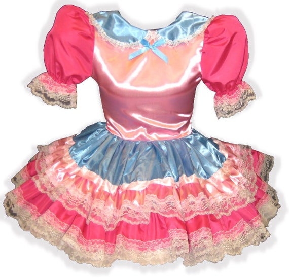 /"Cynthia/" Custom Fit Blue Satin Adult LG Baby Sissy Dress LEANNE