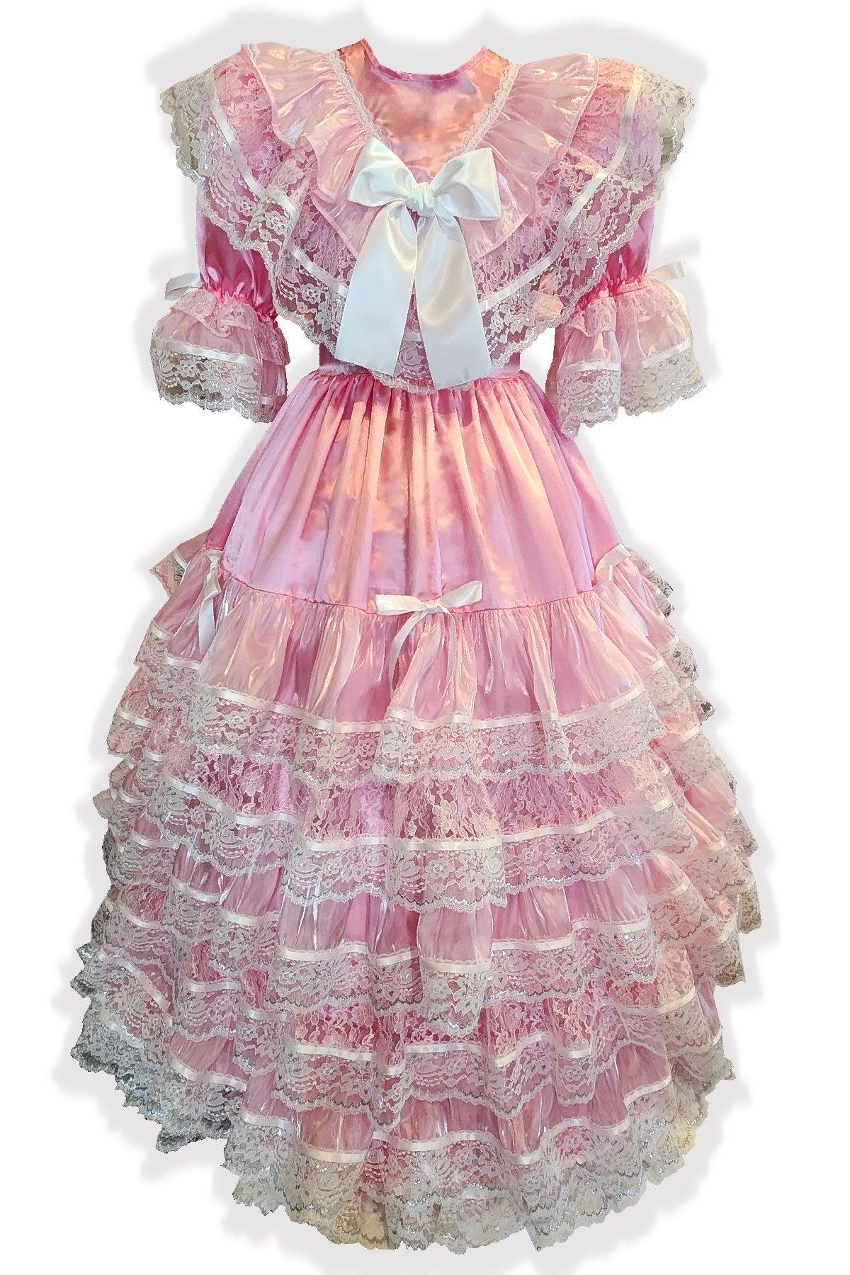 open lace back dress Pink Ruffle Tiered Dress - Floral Brooch Detail main image 1