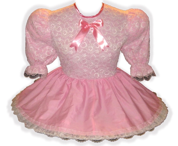 /"Lorainne/" Custom Fit Pink Long Sleeve SATIN Adult LG Baby Sissy Dress LEANNE
