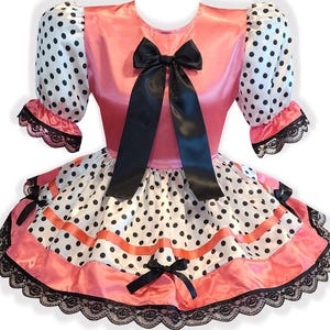 Sally Custom Fit Coral Pink Polka Dots Black Bows Adult Sissy Dress by Leanne's