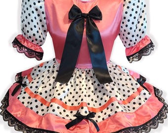 Sally Custom Fit Coral Pink Polka Dots Black Bows Adult Sissy Dress by Leanne's