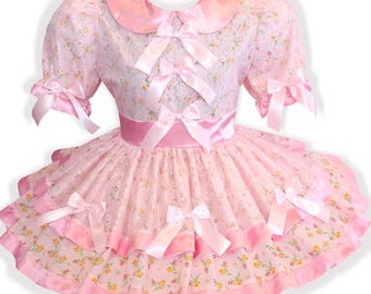 Kari Custom Fit Pink Satin Lace Flowers Bows Adult Sissy Dress by Leanne's