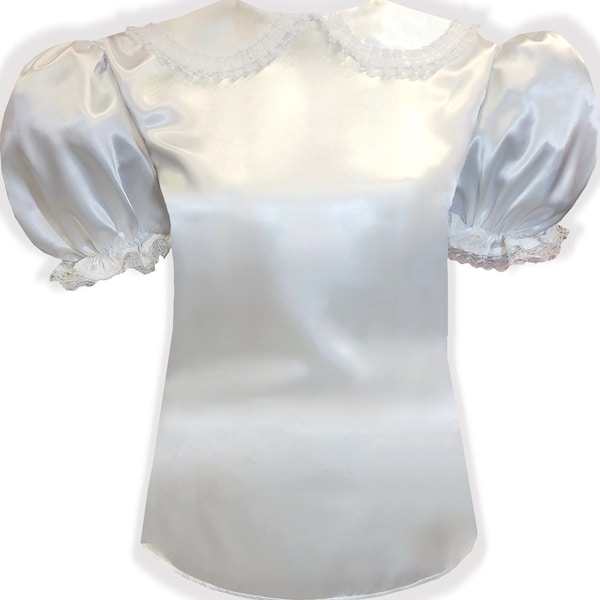 Custom Fit White Satin Button Back Adult Sissy Blouse by Leanne's